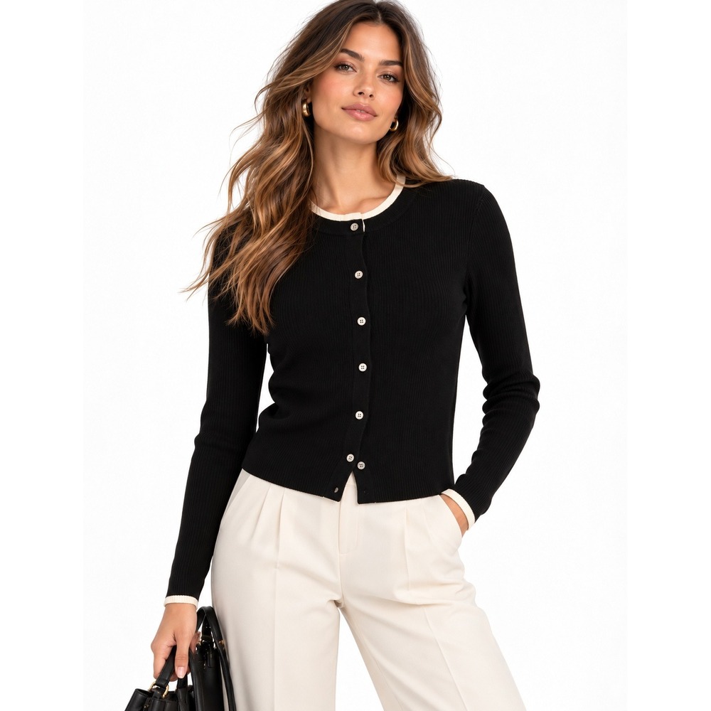 Lucy Paris LS Tipped Cardigan Black Cream Ribbed Knit Button Front Sweater S NWT